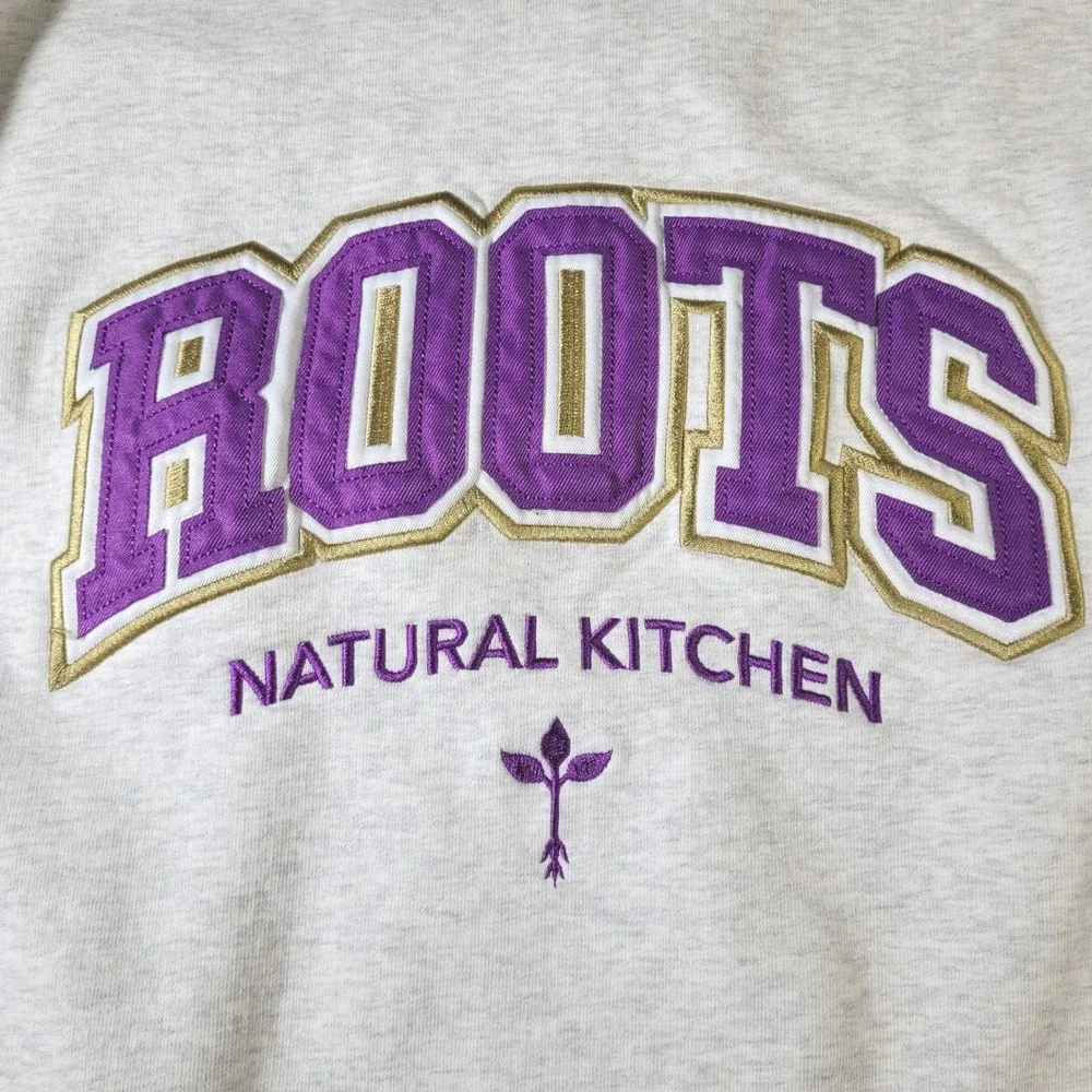 Roots Natural Kitchen Sweatshirt Mens L Grey Purple Embroidered Crewneck Fleece